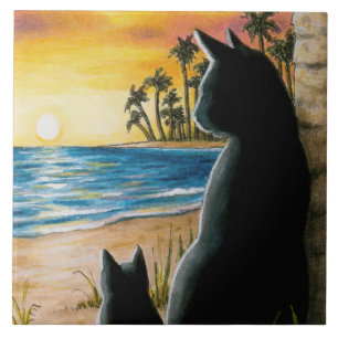 Carreau Chats noirs sur la plage Chat 597