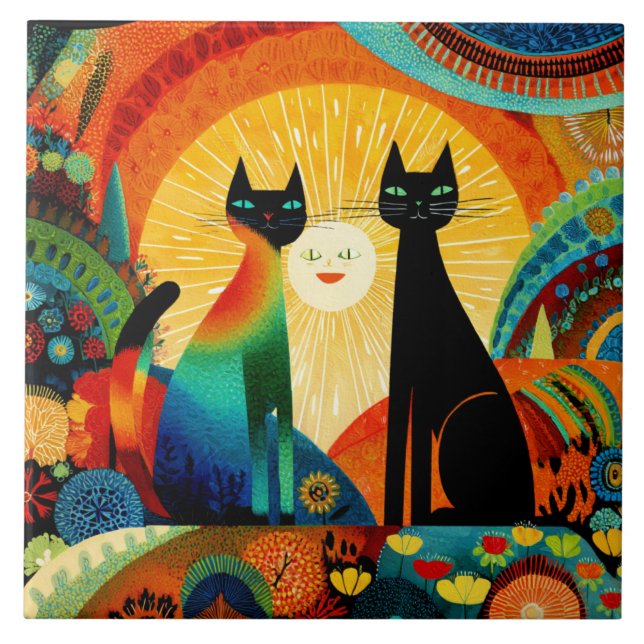 Carreau Chats sur fond lumineux et coloré, (Devant)