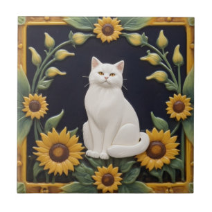 Carreau Chats Tournesols - Chat Blanc & Tournesols Jaunes