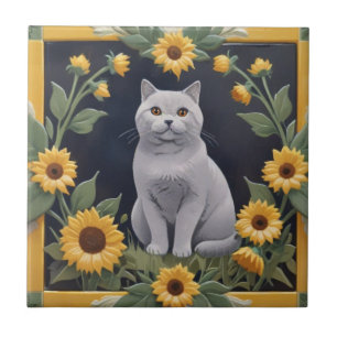 Carreau Chats Tournesols - Chat Gris & Tournesols Jaunes