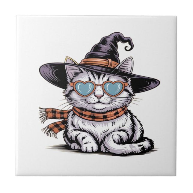 Carreau Chatte sorcière cool  Chat de Halloween mignon ave (Devant)
