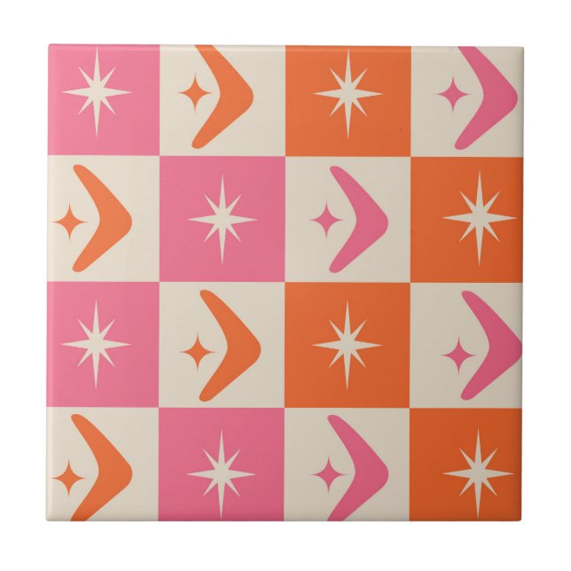 Carreau Checkered Mid Century Boomerangs pink and orange  (Devant)