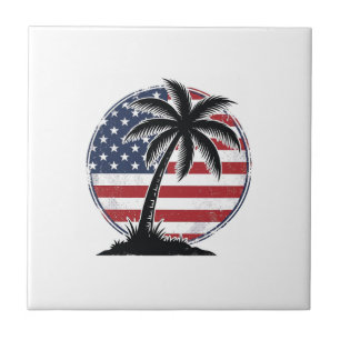 Carreau Chemise d'été Drapeau Américain Palmier Vintage_1