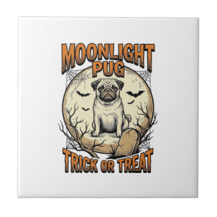 Carreau Chemise Halloween Pug avec Lune de gravure vintage
