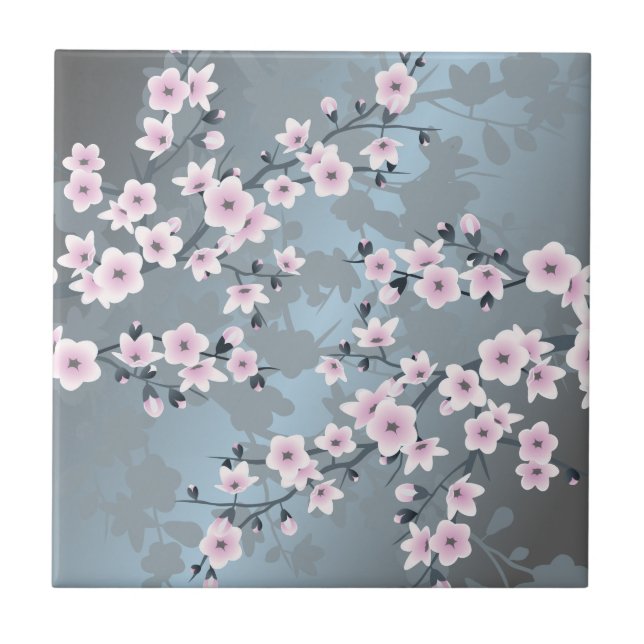 Carreau Cherry Blossom Dusky Pink Slate Blue Floral (Devant)