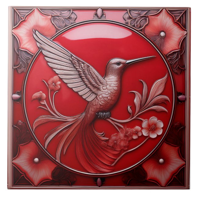 Carreau Cherry red faux relief Art Nouveau Hummingbird R (Devant)
