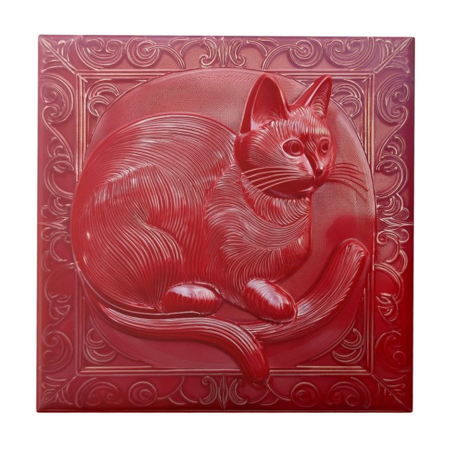Carreau Cherry rouge faux relief Art Nouveau Chat (Devant)