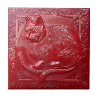 Carreau Cherry rouge faux relief Art Nouveau Chat