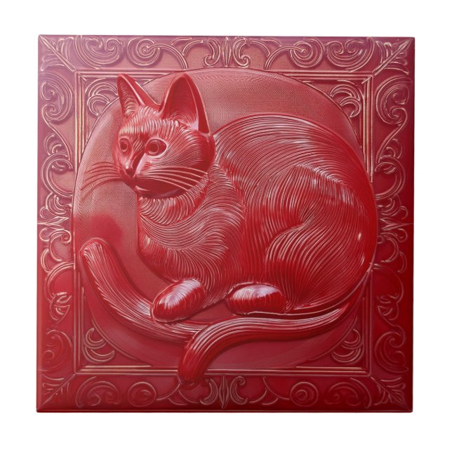 Carreau Cherry rouge faux relief Art Nouveau Chat (Devant)