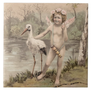 Carreau Cherub vintage avec cigogne près du lac