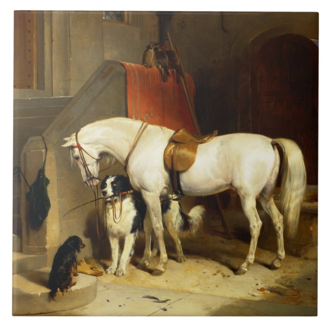 CARREAU CHEVAL BLANC AVEC CHIENS ET FALCONS EN STABLE (Devant)