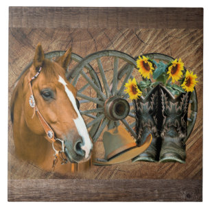 Carreau Cheval Cowboy Boots Wagon Wheels Sunflowers Wester