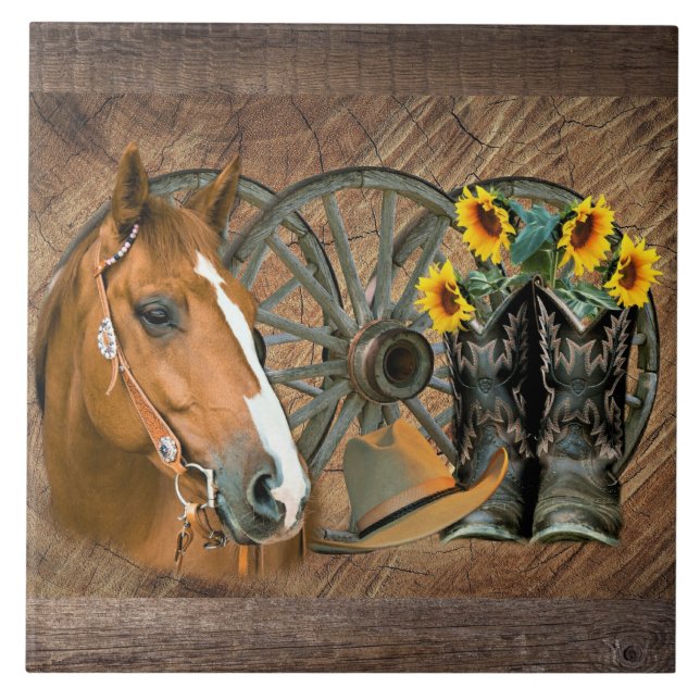 Carreau Cheval Cowboy Boots Wagon Wheels Sunflowers Wester (Devant)