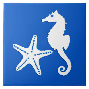 Carreau Cheval de mer et poisson d'eau - blanc sur bleu co