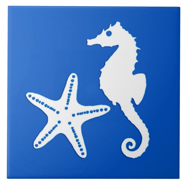 Carreau Cheval de mer et poisson d'eau - blanc sur bleu co (Devant)