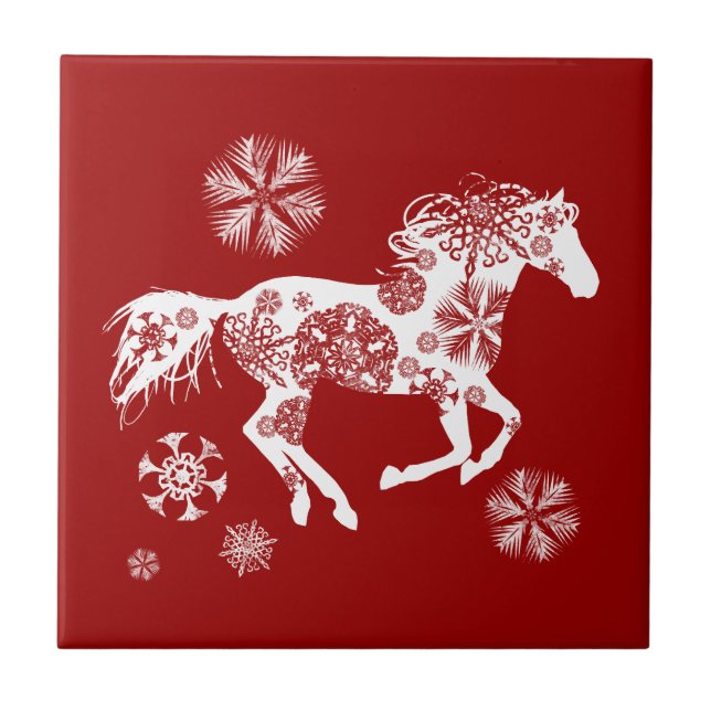 Carreau Cheval de Noël des flocons rouges et blancs (Devant)