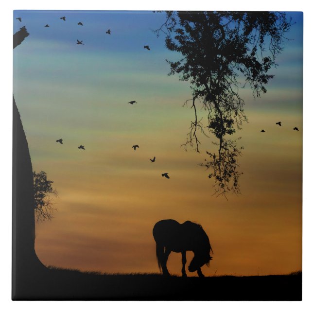 Carreau Cheval et chêne super mignon avec oiseaux (Devant)