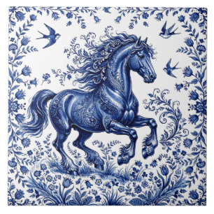 Carreau Cheval frison de style Delft Delftware dans un pré