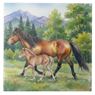 Carreau Cheval islandais Sola et poulain dans une prairie