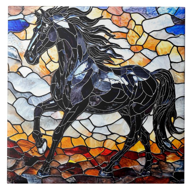 Carreau Cheval noir en vitrail (Devant)
