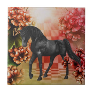 Carreau Cheval Noir Imaginaire Fleurs Animal