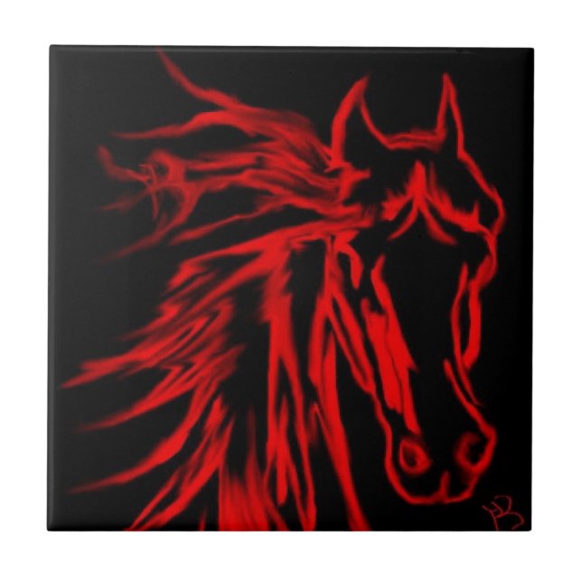 Carreau Cheval rouge sur fond noir - Œuvre d'art originale (Devant)