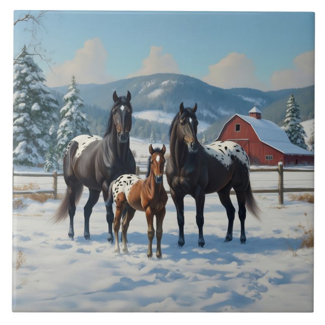 Carreau Chevaux Appaloosa noirs sur une ferme en hiver (Devant)