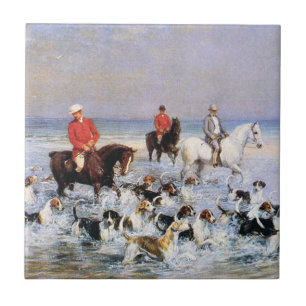 Carreau Chevaux et chiens de chasse sur la plage à Clevela