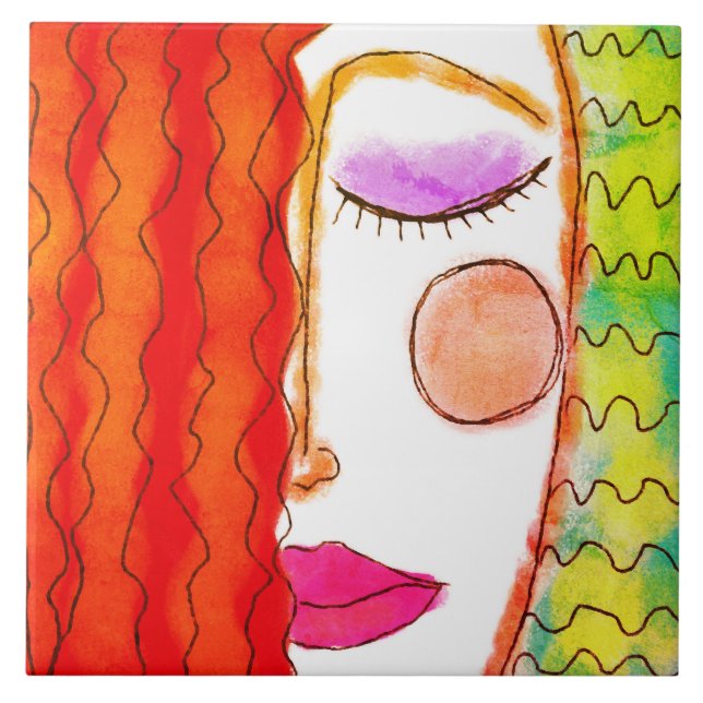 Carreau Cheveux Rouges Ondulés Peinture Numérique Abstrait (Devant)