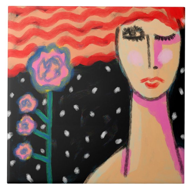 Carreau Cheveux Rouges Roses Roses Art Abstrait (Devant)