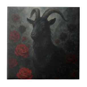 Carreau Chèvre noire gothique avec roses rouges Art sombre