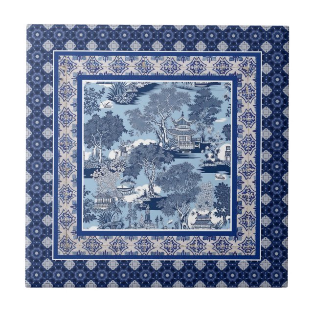 Carreau Chic bleu blanc saule chinoiserie toile monogramme (Devant)