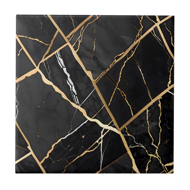 Carreau Chic Elégant noir jaune or Faux Marble (Devant)