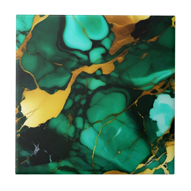 Carreau Chic Elegant vert foncé jaune Faux Marble (Devant)