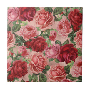 Carreau Chic Elegant Vintage Rose Rouge Roses Floral