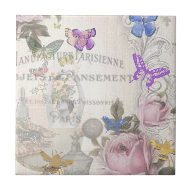 Carreau chic français, rustique campagnard, motif floral,  (Devant)