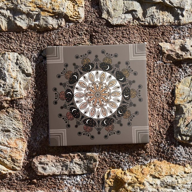 Carreau chic mandala moderne noir blanc simple marron (Créateur téléchargé)