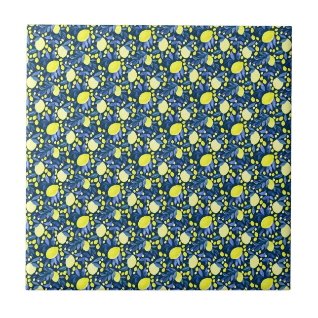 Carreau Chic Méditerranéen Rustique Citrons Feuille Bleue (Devant)