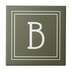 Carreau Chic Monogrammé Rustique Vert & Blanc Initiale