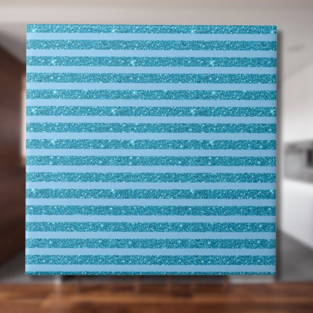 Carreau Chic Ocean Blue Glitter Style Horizontal Stripes (Créateur téléchargé)
