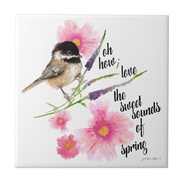 Carreau Chickadee Black Capped Watercolor Spring Dit (Devant)
