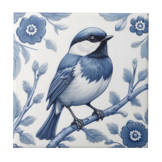 Carreau Chickadee Great Tit Bird Delft Bleu et blanc (Devant)