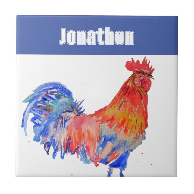 Carreau Chicken Rooster Bird Kids Boys Name Blue Red (Devant)