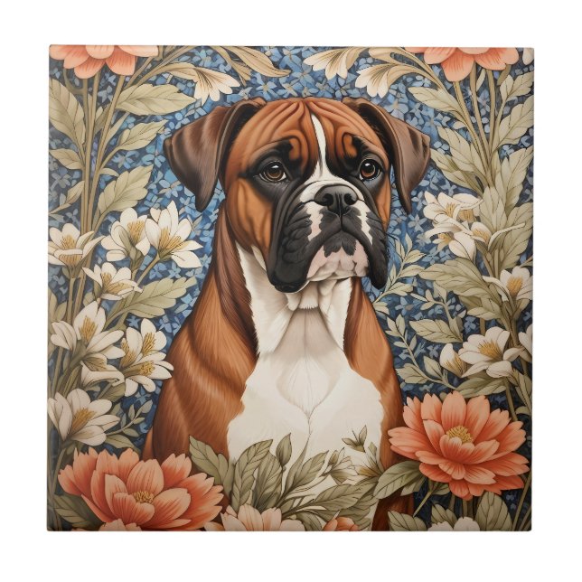 Carreau Chien Boxer Élégant Inspiré de William Morris  (Devant)