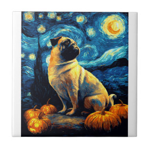 Carreau Chien carlin de Van Gogh nuit étoilée Halloween dr