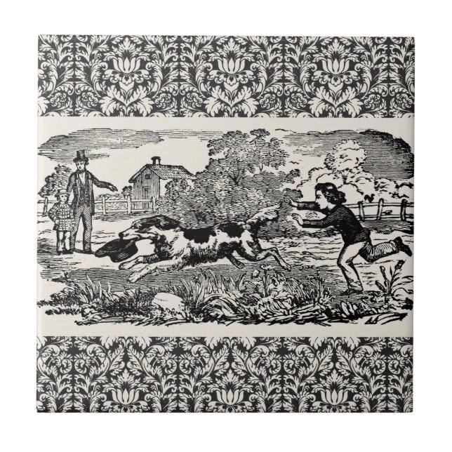 Carreau Chien courant art animal antique illustration vict (Devant)