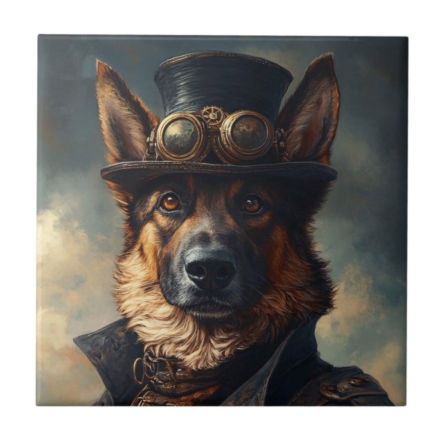 Carreau Chien de berger allemand Steampunk en haut-de-form (Devant)