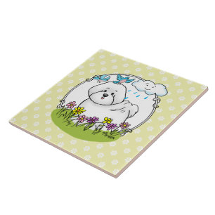 Carreau Chien de levure Bichon de printemps avec fleurs -