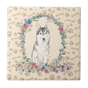 Carreau Chien de Sibérie Husky Empreinte de patte Floral C