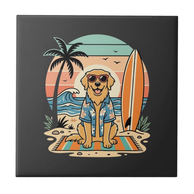 Carreau Chien de surf Rétro Plage Été (Devant)